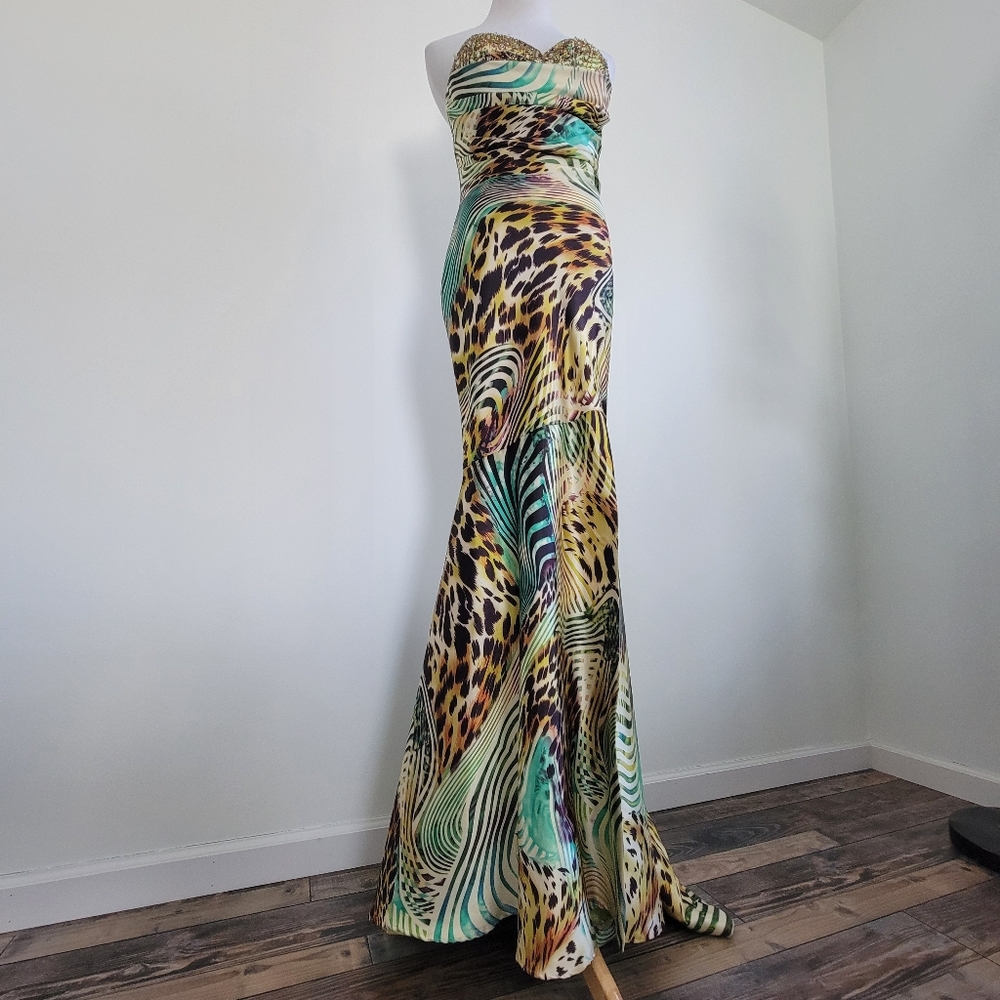 Terani Mermaid Dress Animal Print Gown Womens Size 4 Multicolor Green Front Slit